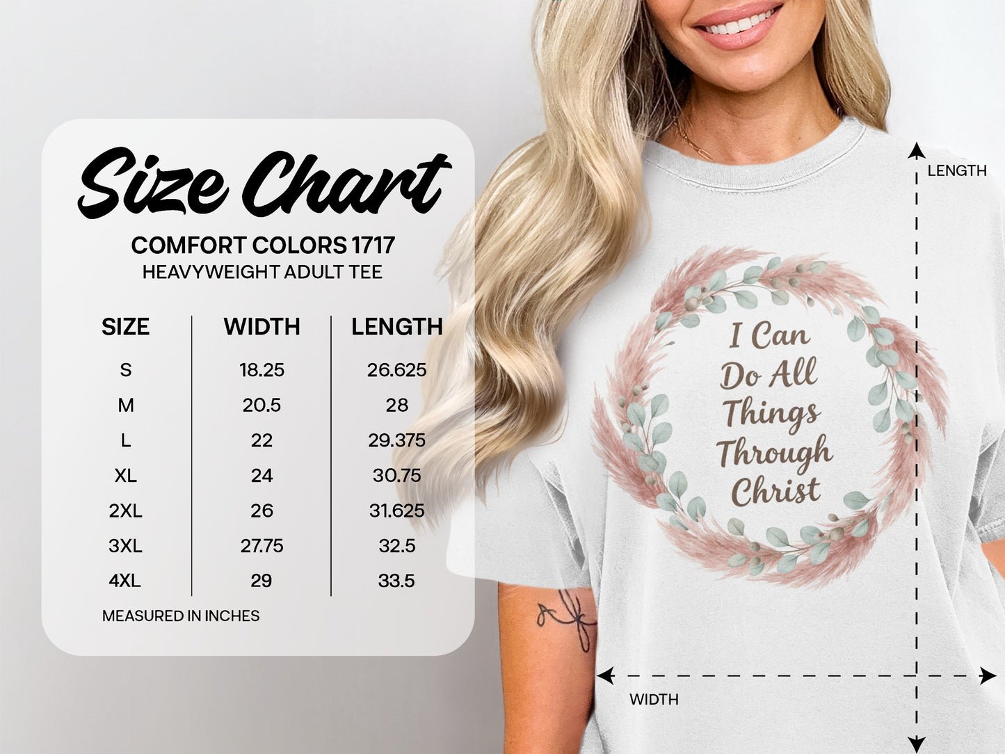 Comfort Colors 1717 heavyweight tee size chart with measurements in inches.