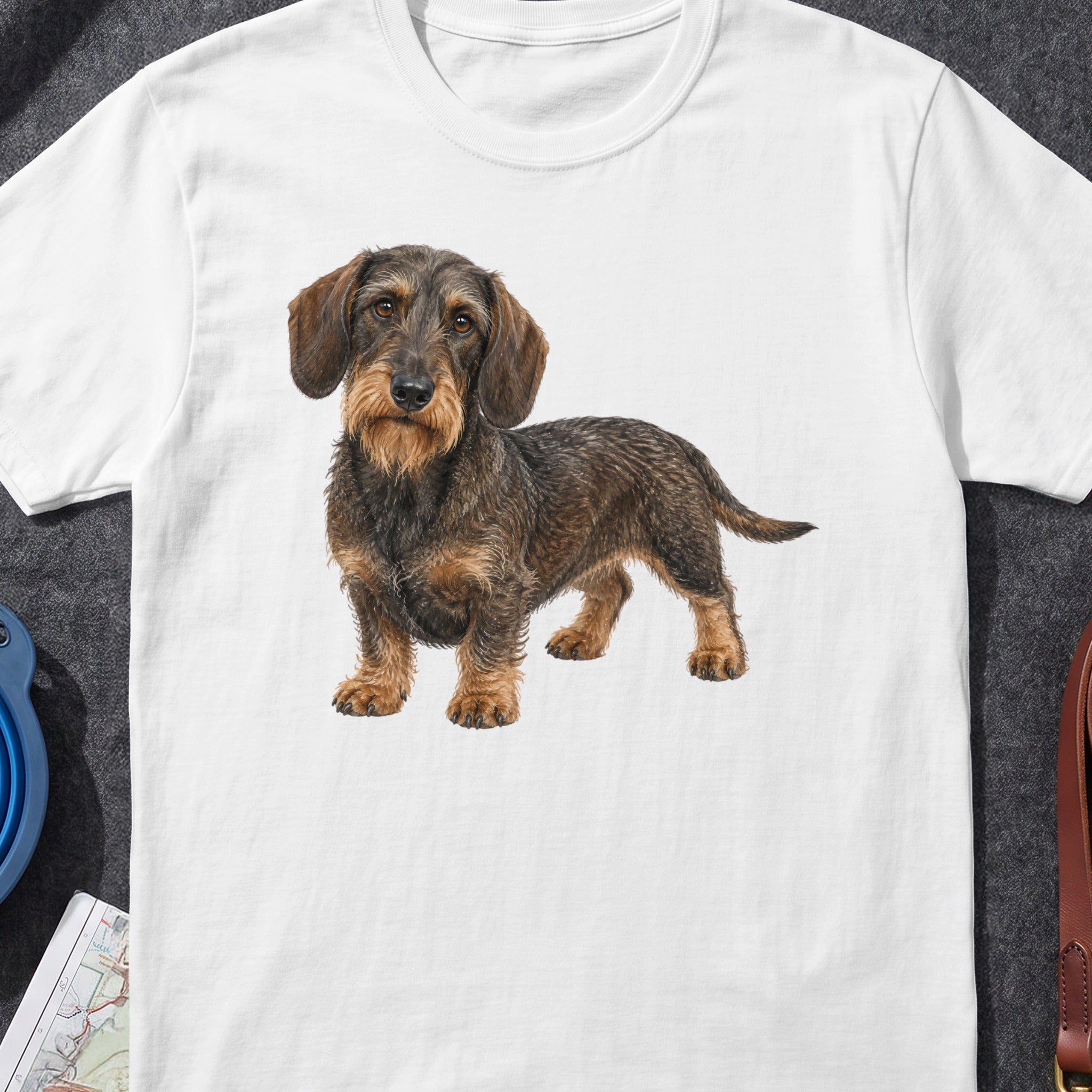 White t-shirt featuring a realistic illustration of a wirehaired dachshund standing.