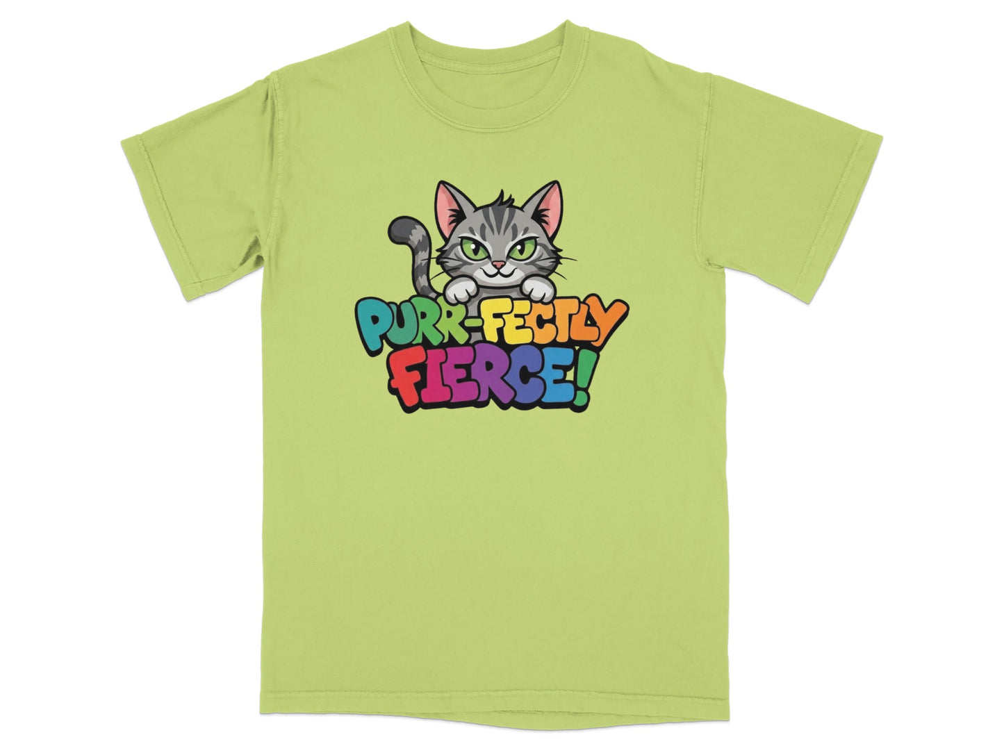 Green t-shirt with "Purr-fectly Fierce!" rainbow text and a cat graphic.