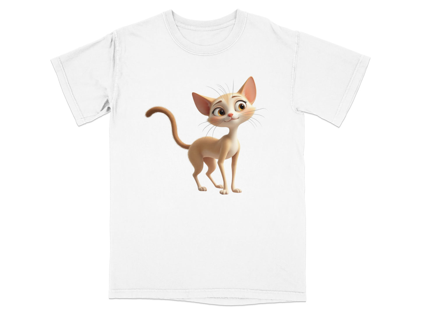 White t-shirt with a cartoon cat graphic.