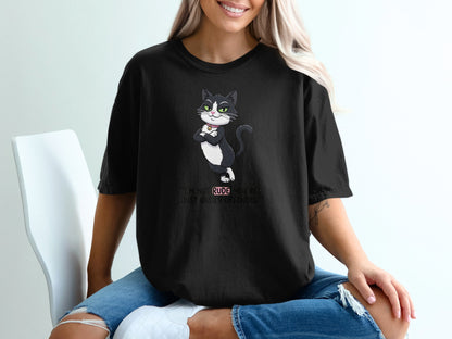 Black t-shirt with cartoon cat saying "I'm not rude, you're just easily offended."