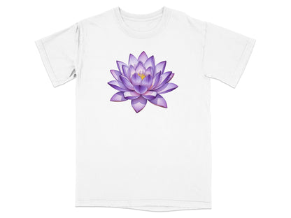 White t-shirt with a purple and yellow lotus flower graphic.