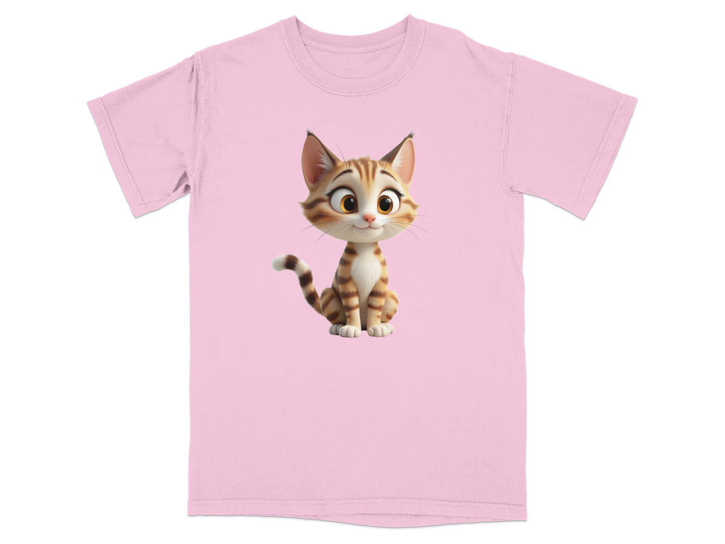 Pink t-shirt with a cartoon tabby kitten graphic.