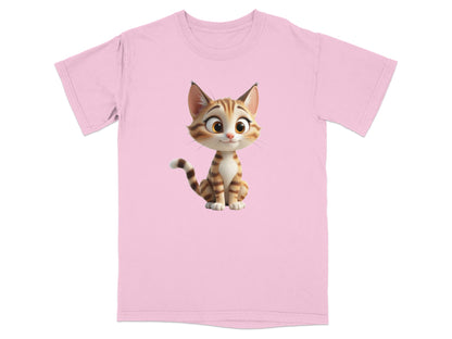 Pink t-shirt with a cartoon tabby kitten graphic.