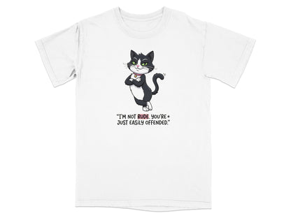 T-shirt with a sassy black and white cat graphic and text.