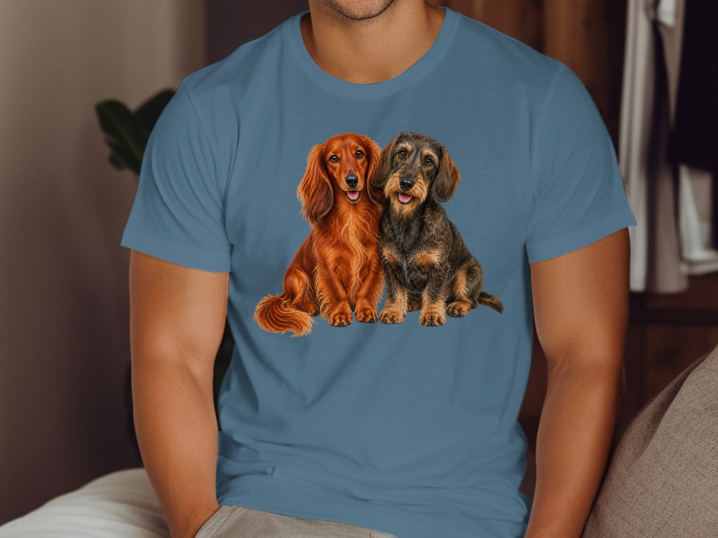 Two dachshunds, one red long-haired, one wire-haired, sit side-by-side on a blue t-shirt.