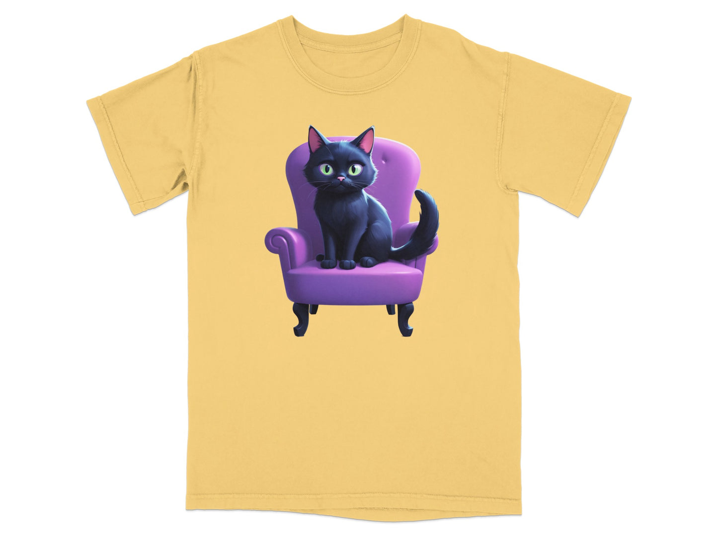 Black cat sitting on a purple armchair, illustration on yellow t-shirt.
