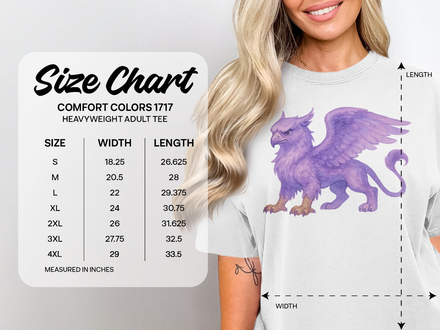 Size chart for Comfort Colors 1717 heavyweight adult tee with dimensions.