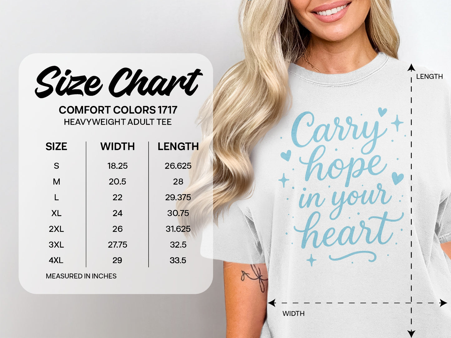 Comfort Colors 1717 heavyweight adult tee size chart with measurements.