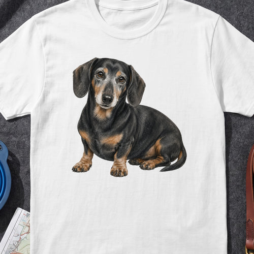 White t-shirt with a painted black and tan dachshund sitting.