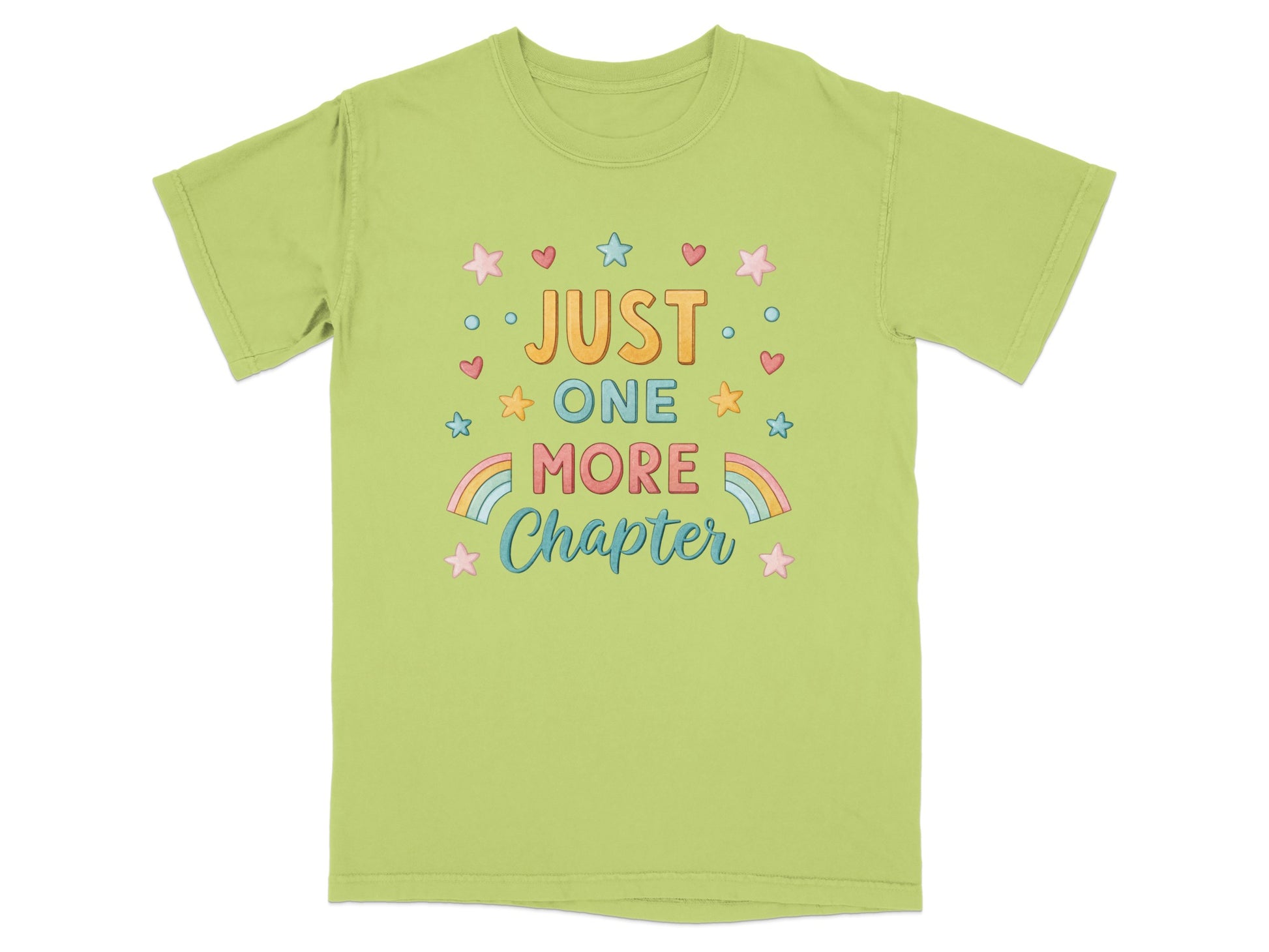 Green t-shirt with "Just One More Chapter" text and colorful stars.