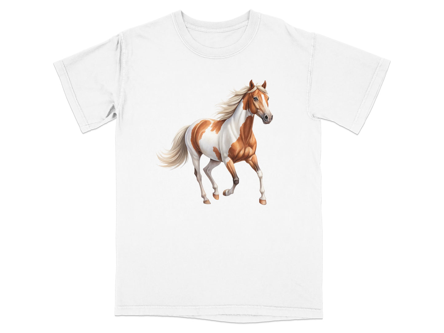 White t-shirt with a brown and white horse running illustration.