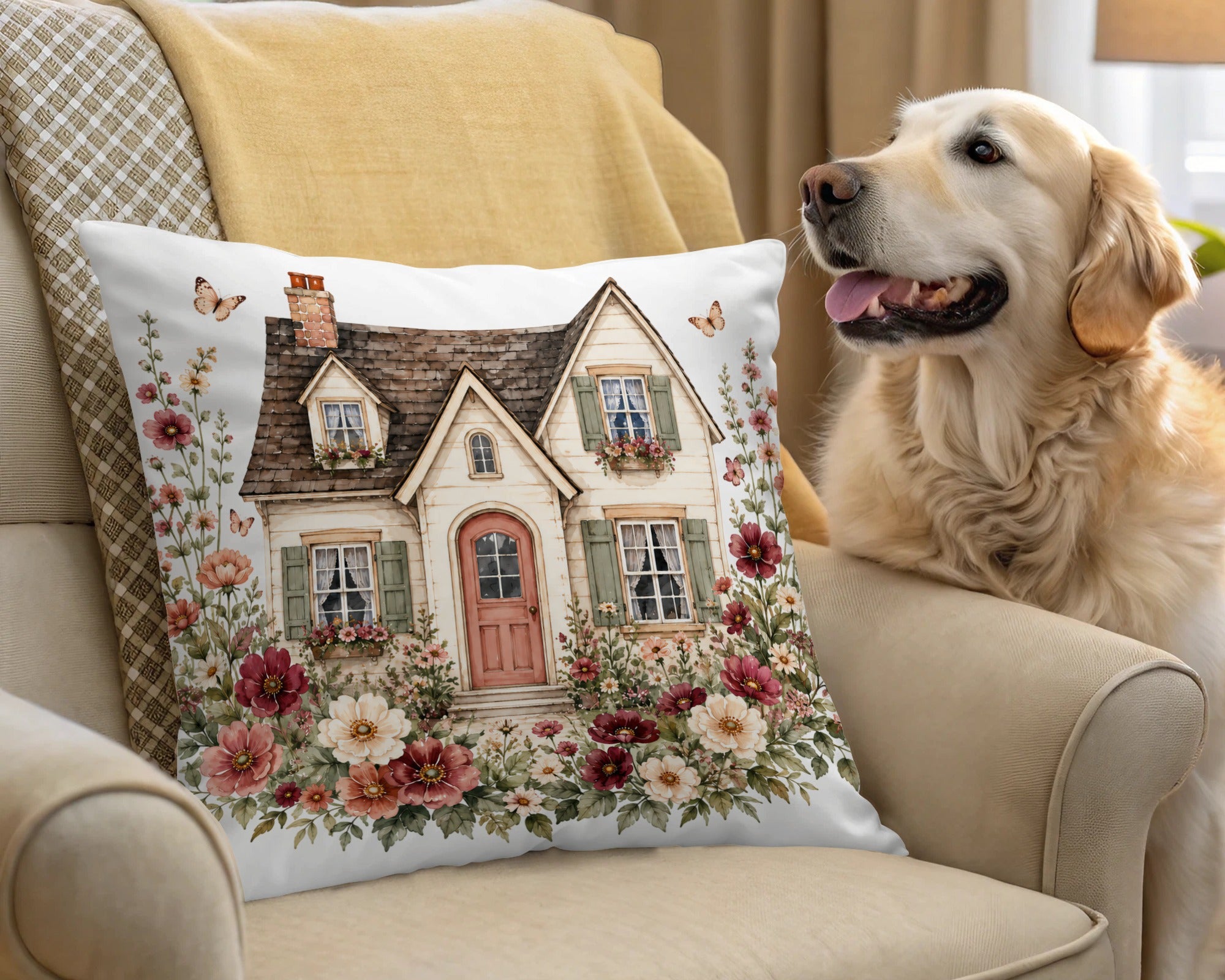 Pillow with watercolor cottage, flowers, and butterflies, beside a golden retriever.