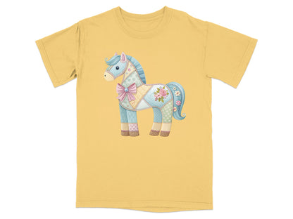 Quilted horse graphic with bow on a yellow t-shirt.