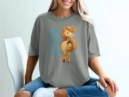 Gray t-shirt with a cartoon horse and text "TROTT AWAY FROM THE DRAMA".