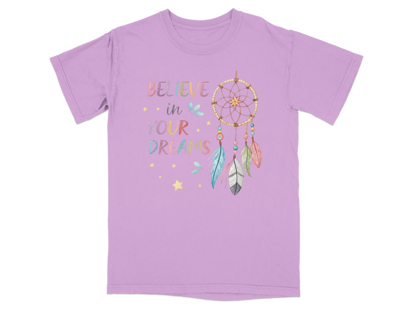 Lavender t-shirt with "Believe in Your Dreams" text and a dreamcatcher design.