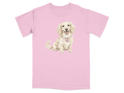 Pink t-shirt with a cream dachshund wearing a heart-shaped charm.
