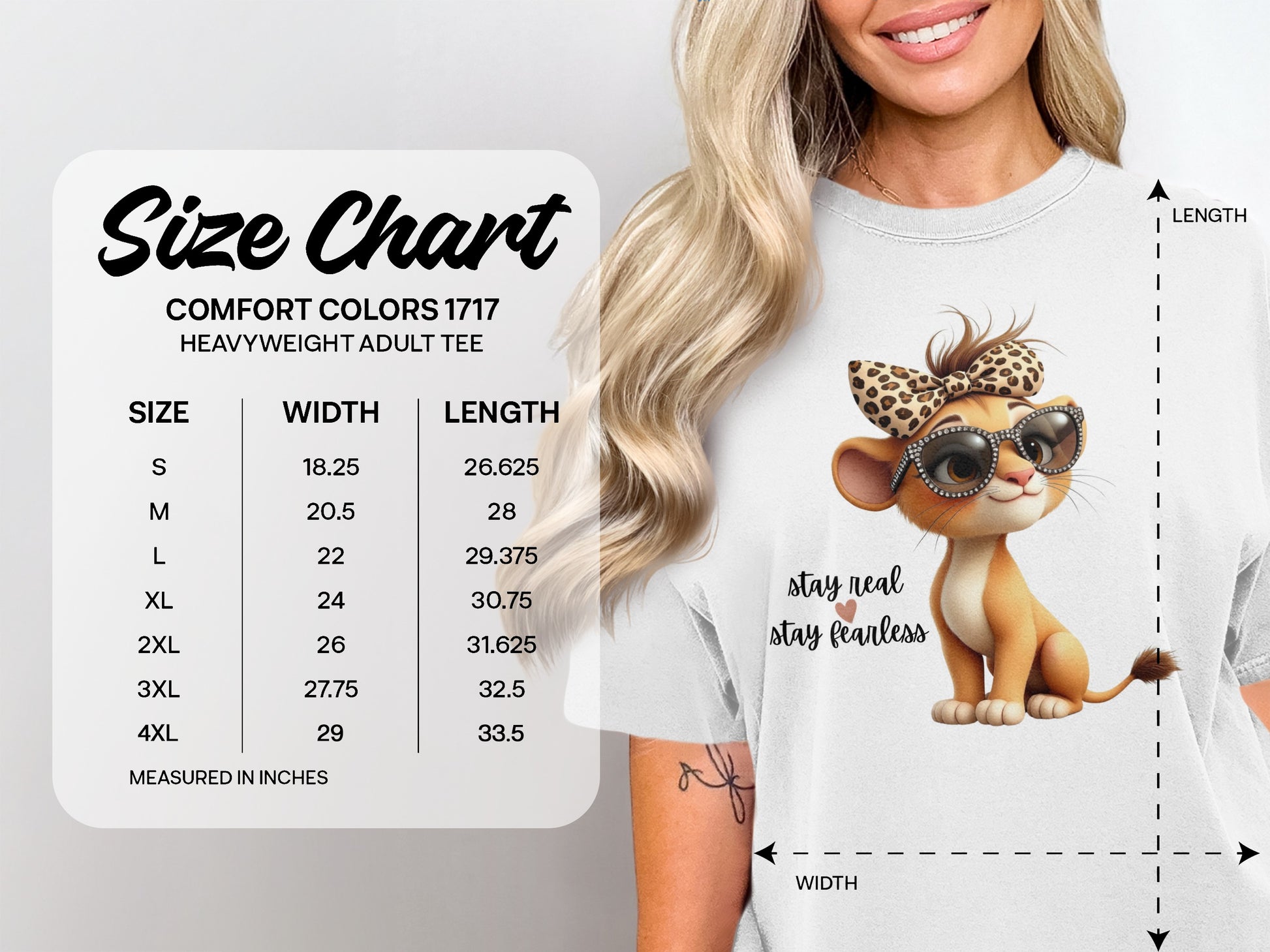 Size chart for heavyweight adult tee with cartoon lion graphic.