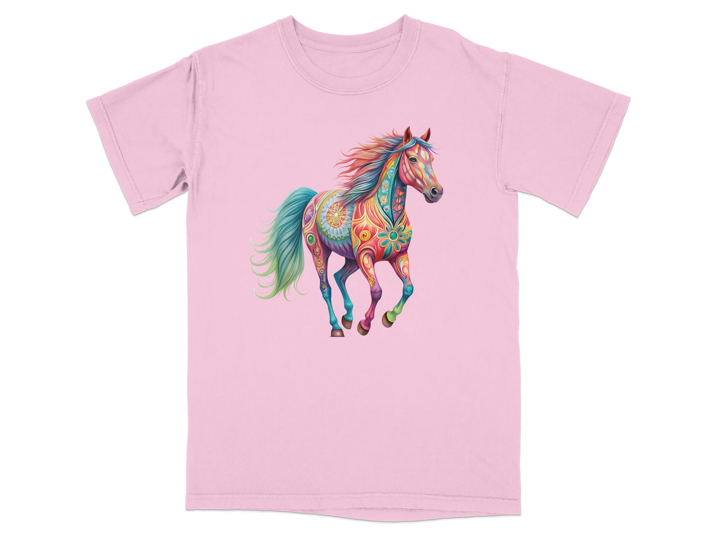 Pink t-shirt with a colorful, patterned horse graphic.