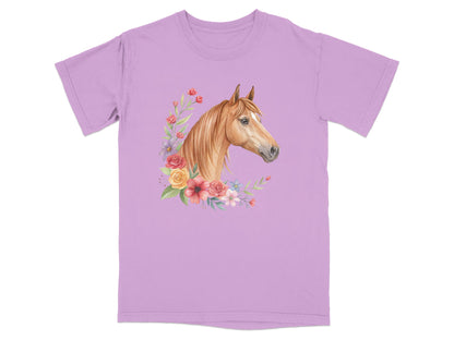Purple t-shirt with watercolor horse head and floral wreath design.