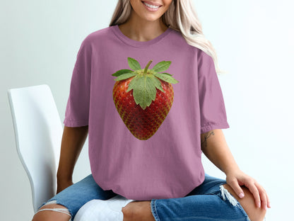 Woman wearing dusty rose t-shirt with large strawberry graphic.