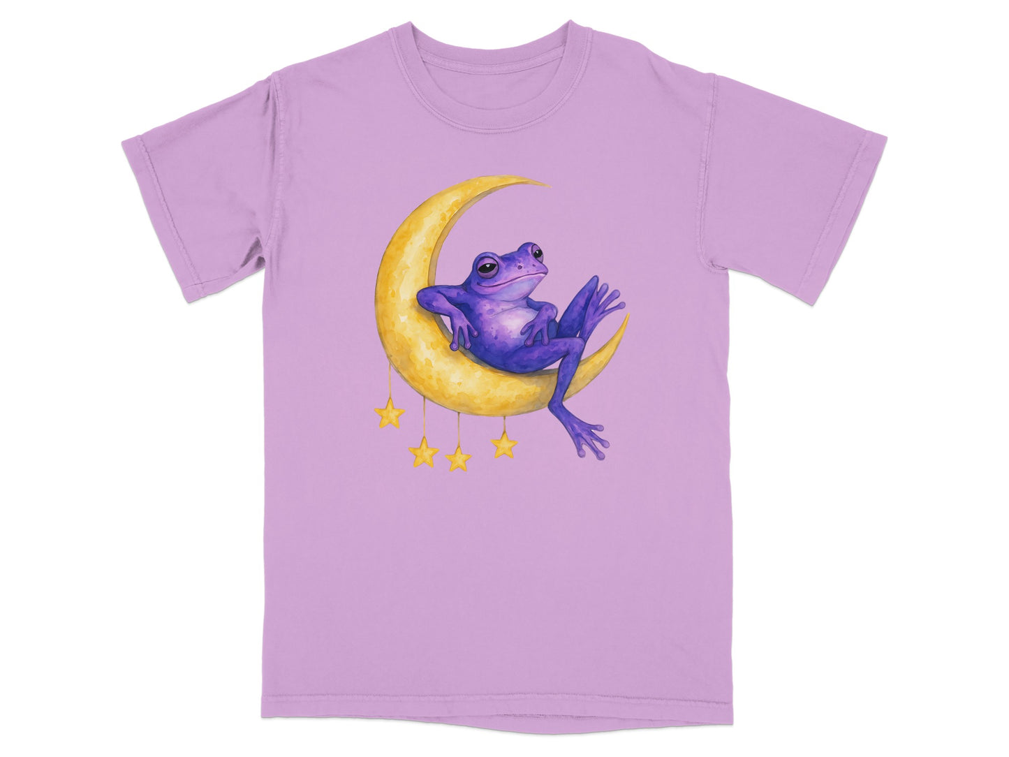 Purple frog lounging on a crescent moon with yellow stars.