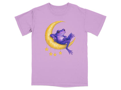 Purple frog lounging on a crescent moon with yellow stars.