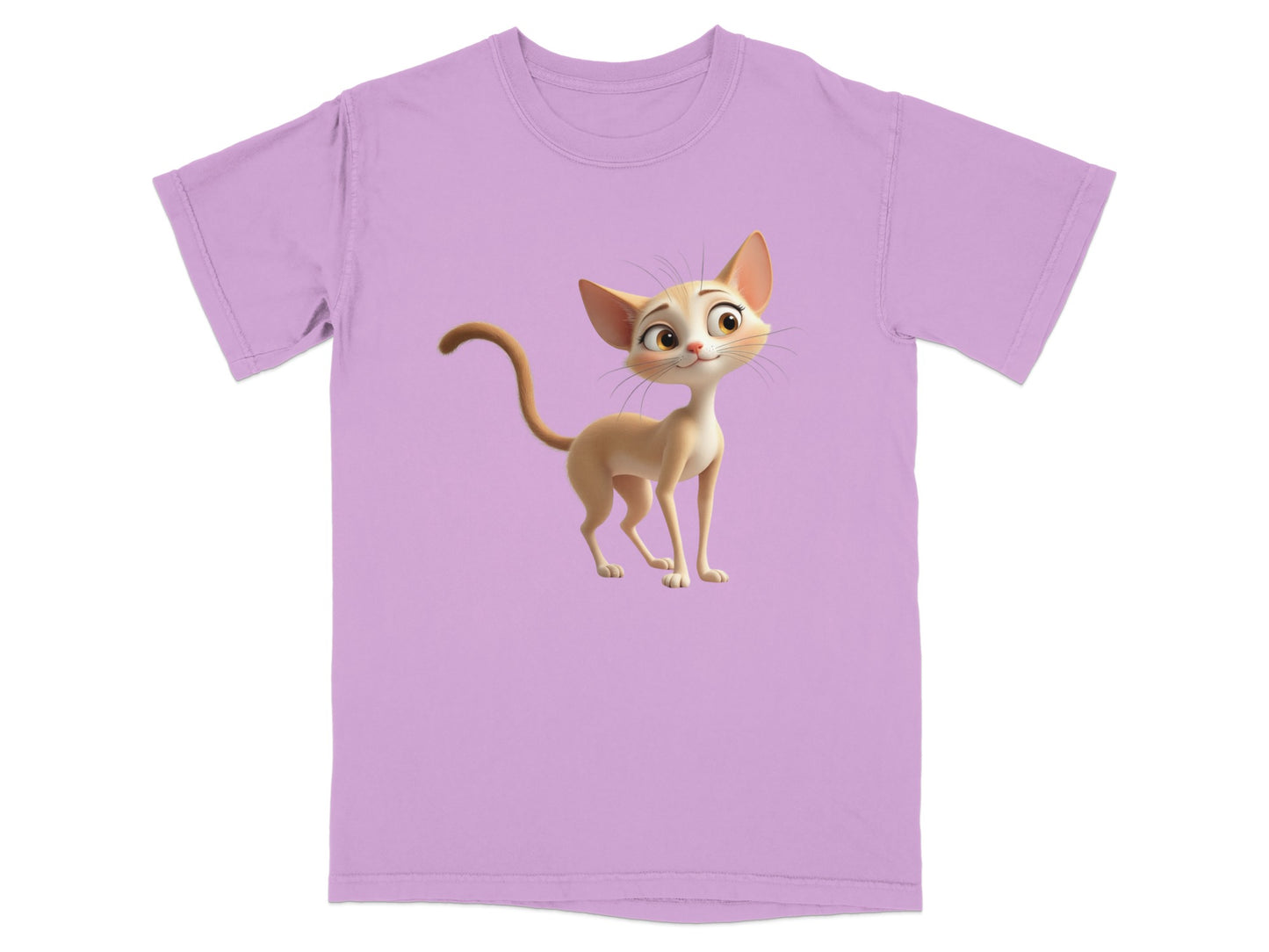 Lilac t-shirt with cartoon cat illustration.