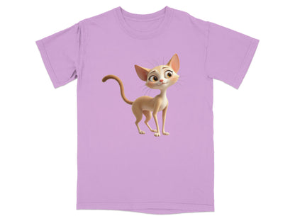 Lilac t-shirt with cartoon cat illustration.