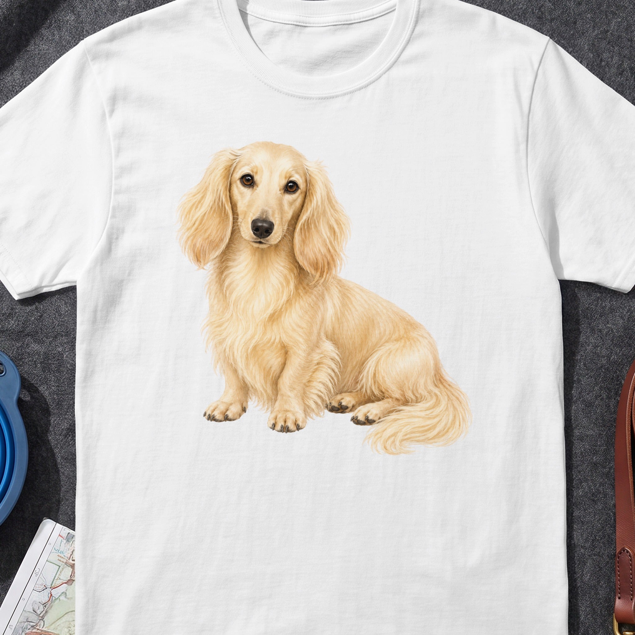 White t-shirt with a detailed illustration of a long-haired cream dachshund sitting.