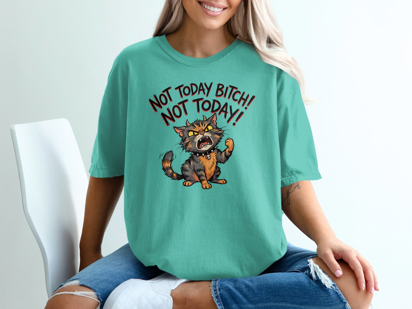 Teal t-shirt with angry cartoon cat and text "NOT TODAY BITCH! NOT TODAY!".