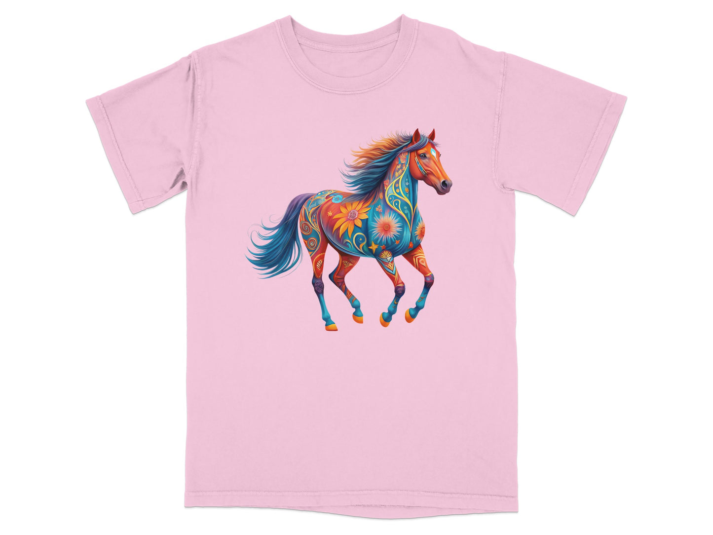Pink t-shirt with a colorful, abstract, floral patterned horse illustration.