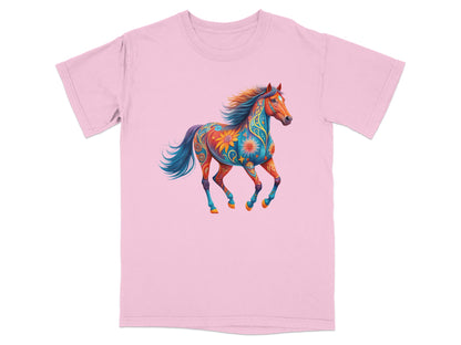 Pink t-shirt with a colorful, abstract, floral patterned horse illustration.
