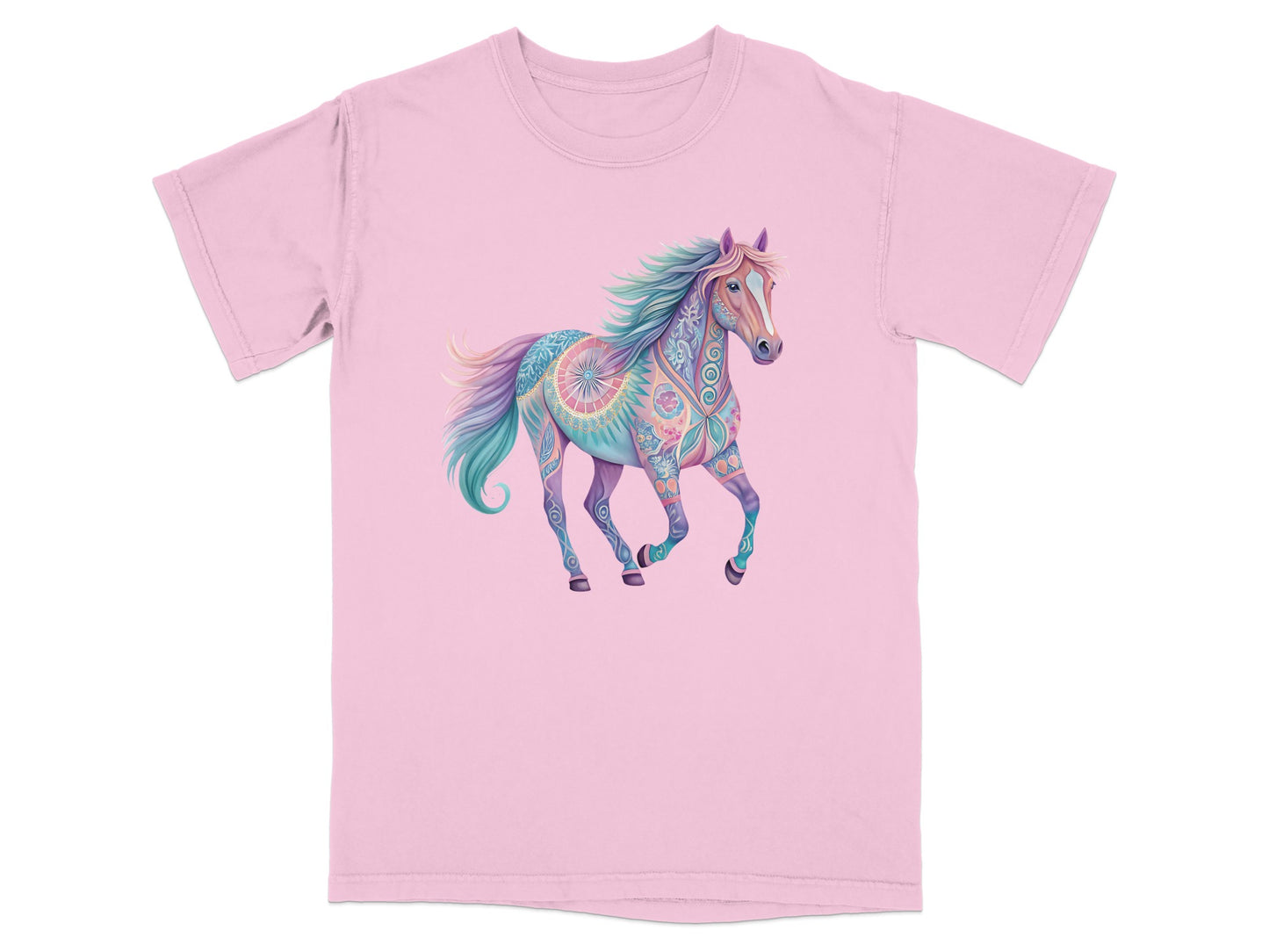 Pink t-shirt with colorful, patterned galloping horse graphic.