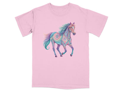 Pink t-shirt with colorful, patterned galloping horse graphic.