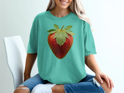 Teal t-shirt with realistic strawberry graphic on chest.
