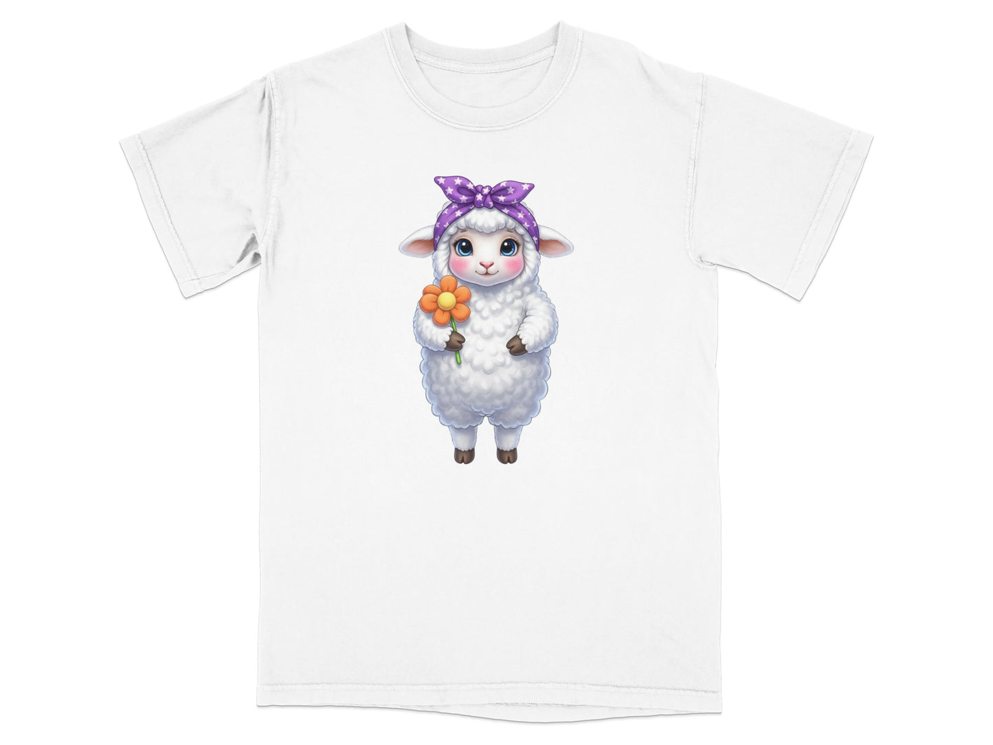 Cartoon sheep wearing a purple polka-dot bow holding an orange flower.