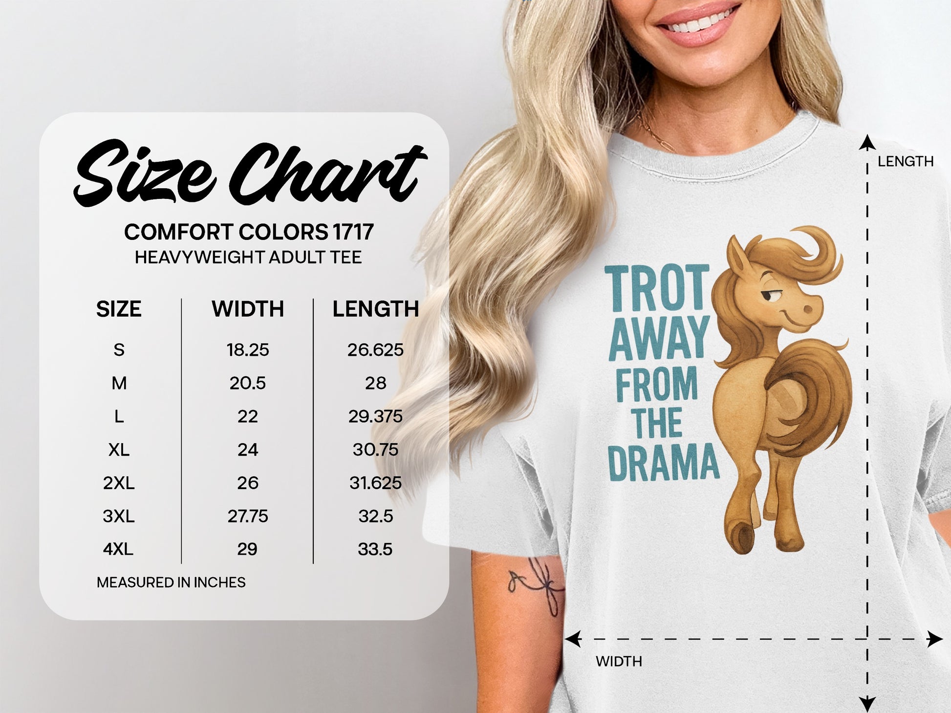 Comfort Colors size chart for heavyweight adult tee with horse graphic.
