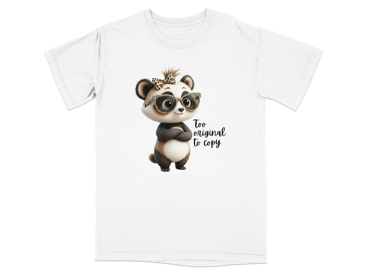T-shirt with cartoon panda wearing glasses and text "Too original to copy".