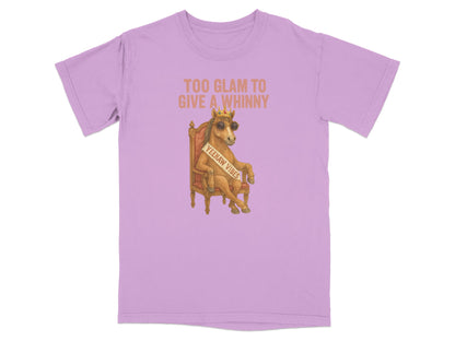 Horse in crown and sunglasses on throne wearing "YEEHAW VIBES" sash.