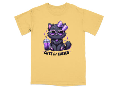 Black cat with heart eyes, purple bow, and drink, text "cute but cursed".