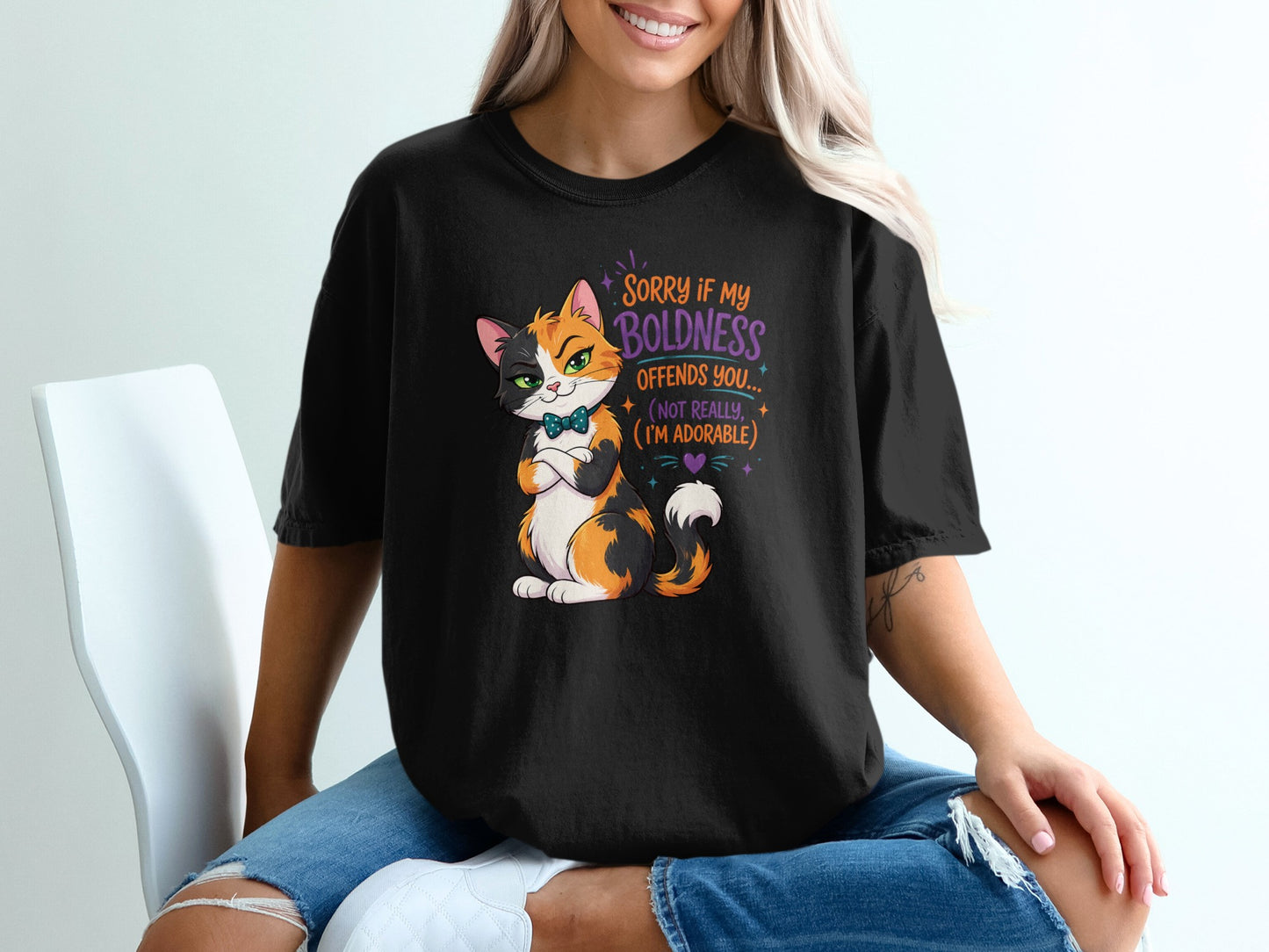 Black t-shirt with a sassy cat and humorous text.