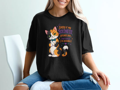 Black t-shirt with a sassy cat and humorous text.