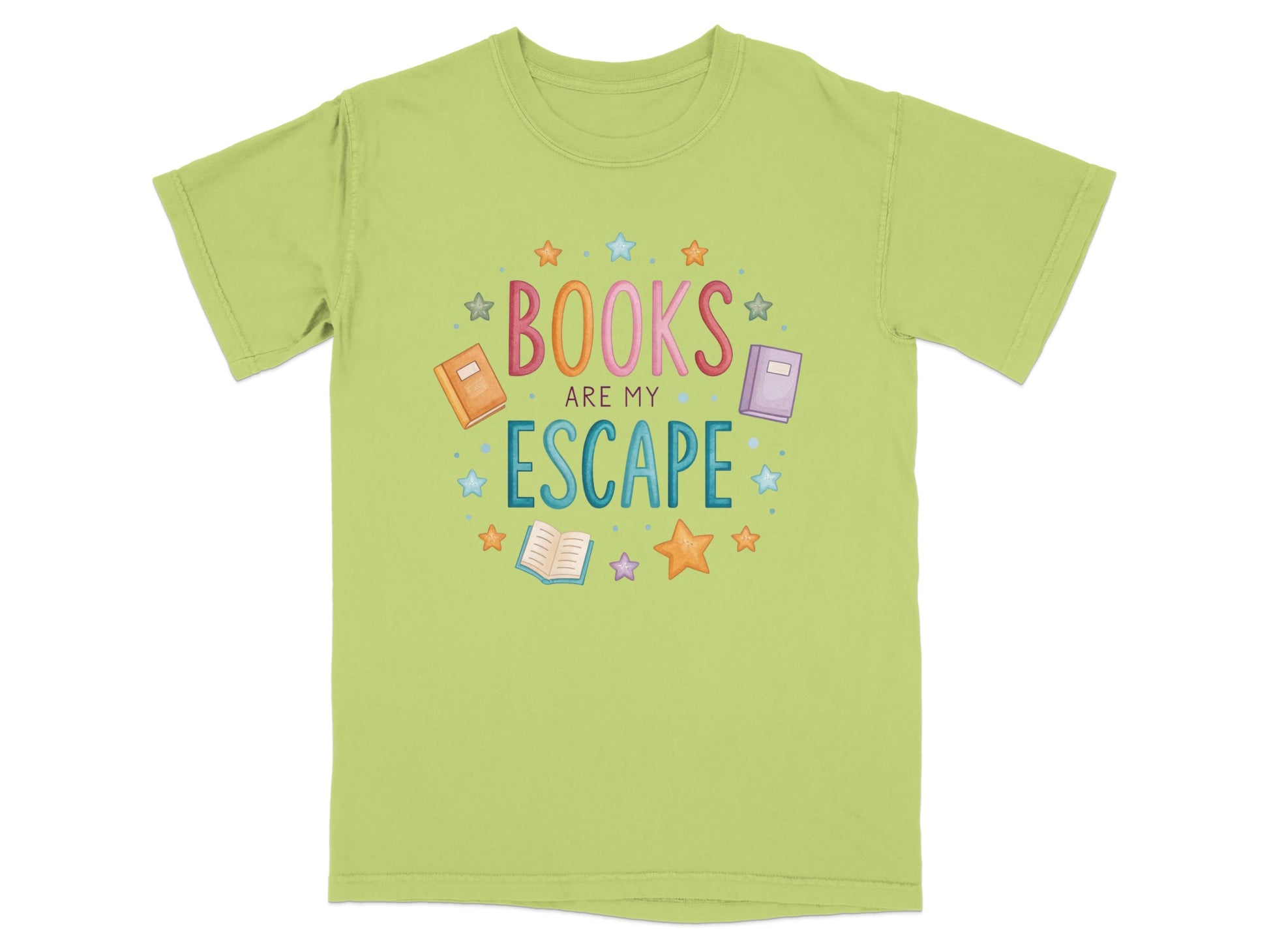 Light green t-shirt with "BOOKS ARE MY ESCAPE" text and book graphics.