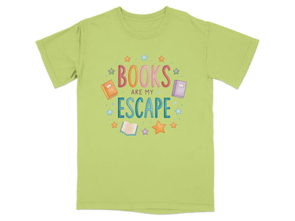 Light green t-shirt with "BOOKS ARE MY ESCAPE" text and book graphics.