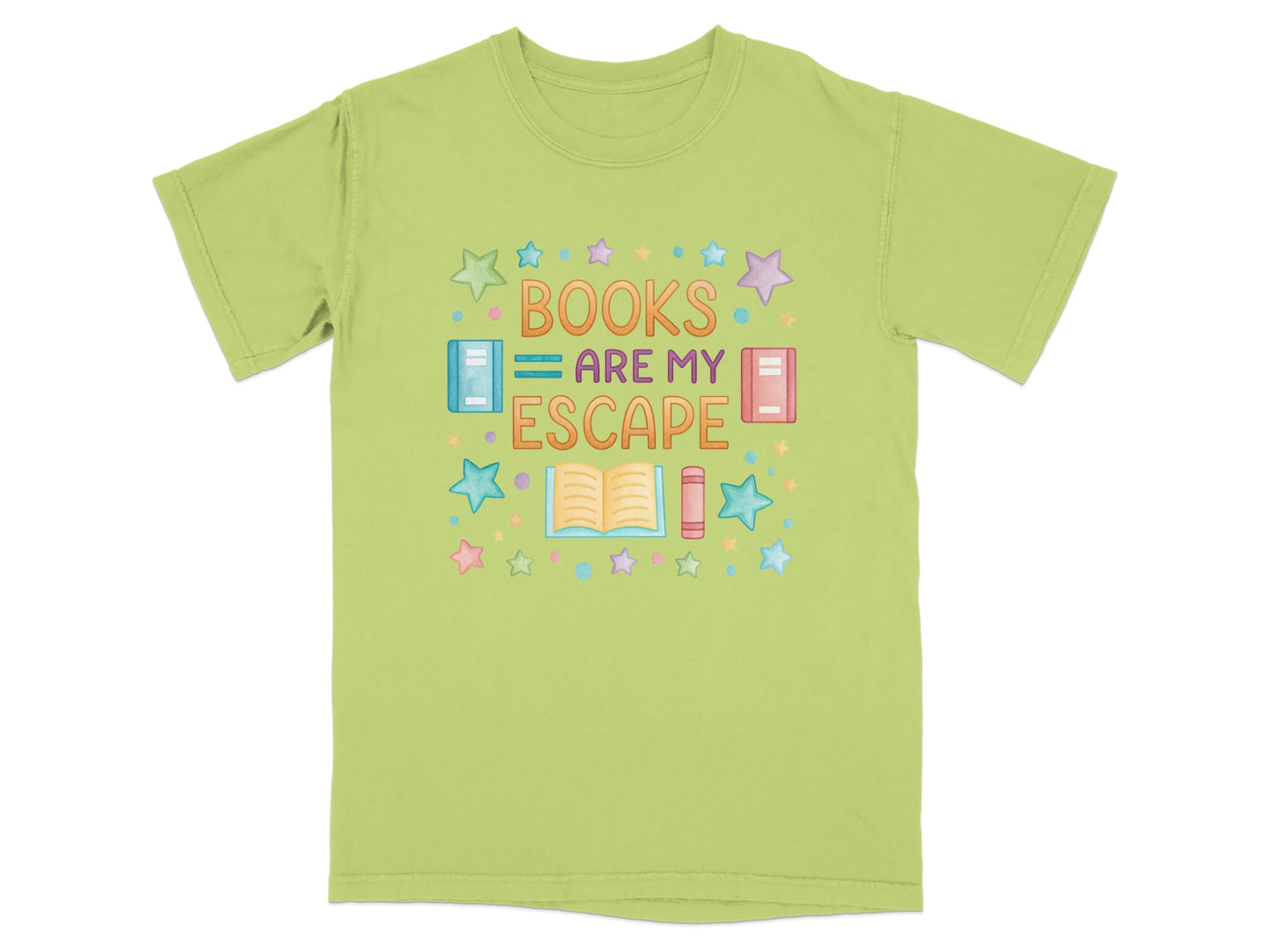 Light green t-shirt with "BOOKS ARE MY ESCAPE" text and open book graphic.