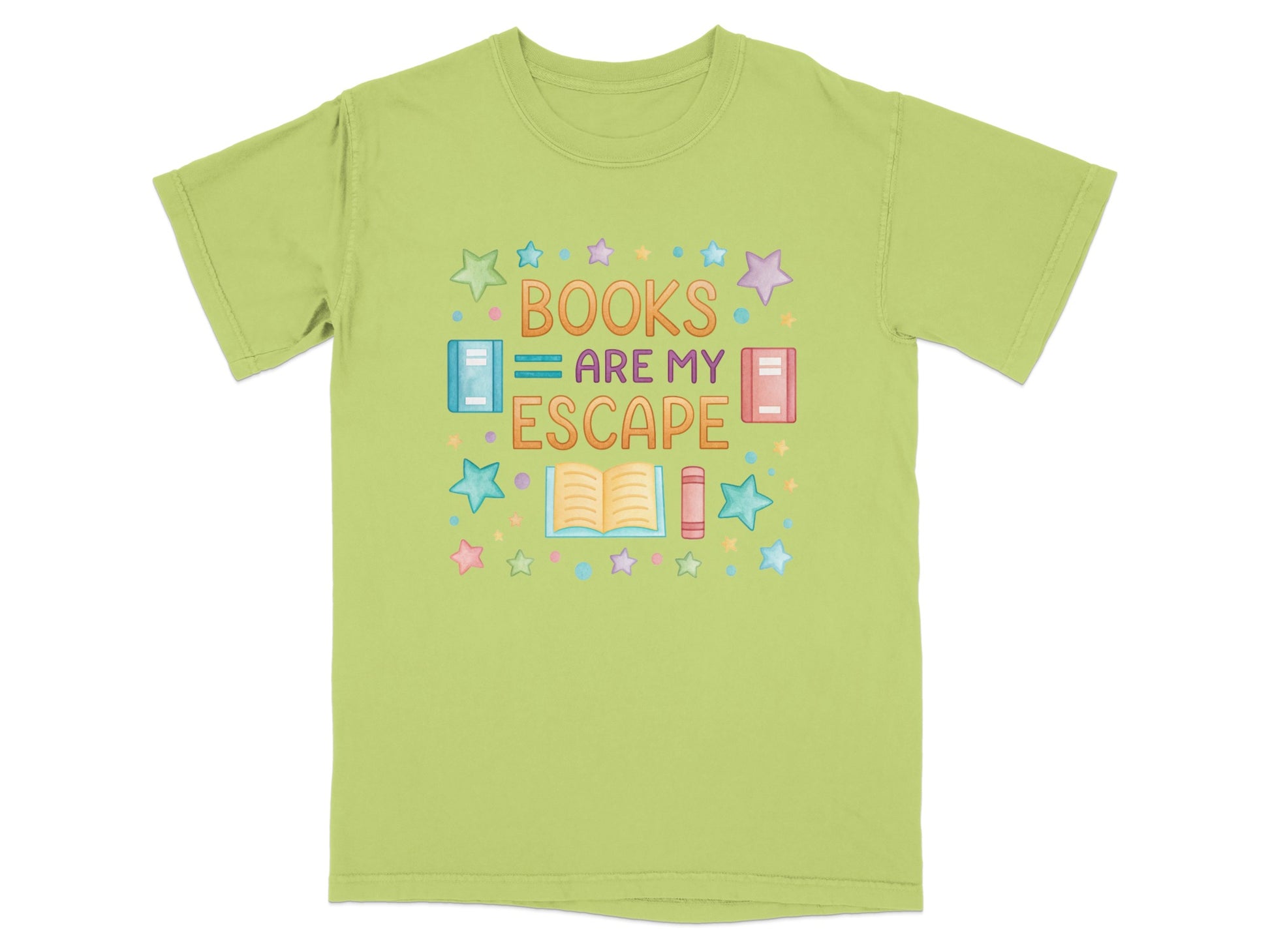 Light green t-shirt with "BOOKS ARE MY ESCAPE" text and open book graphic.