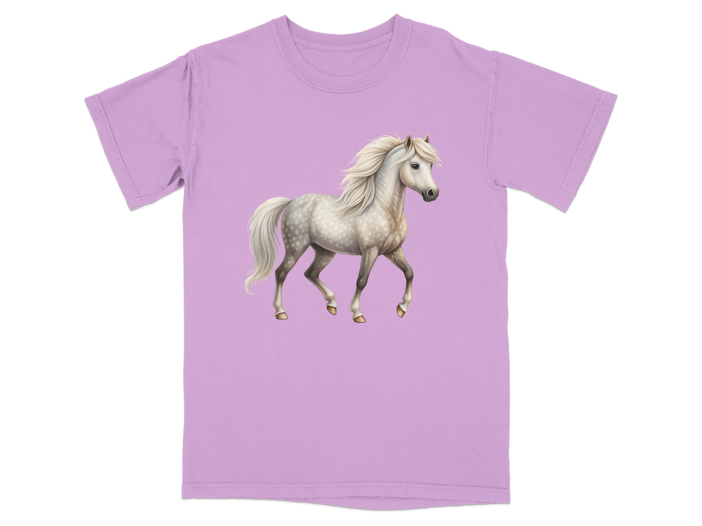 Lilac t-shirt with a white and grey spotted horse illustration.
