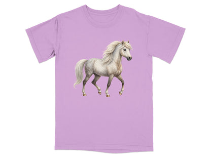 Lilac t-shirt with a white and grey spotted horse illustration.