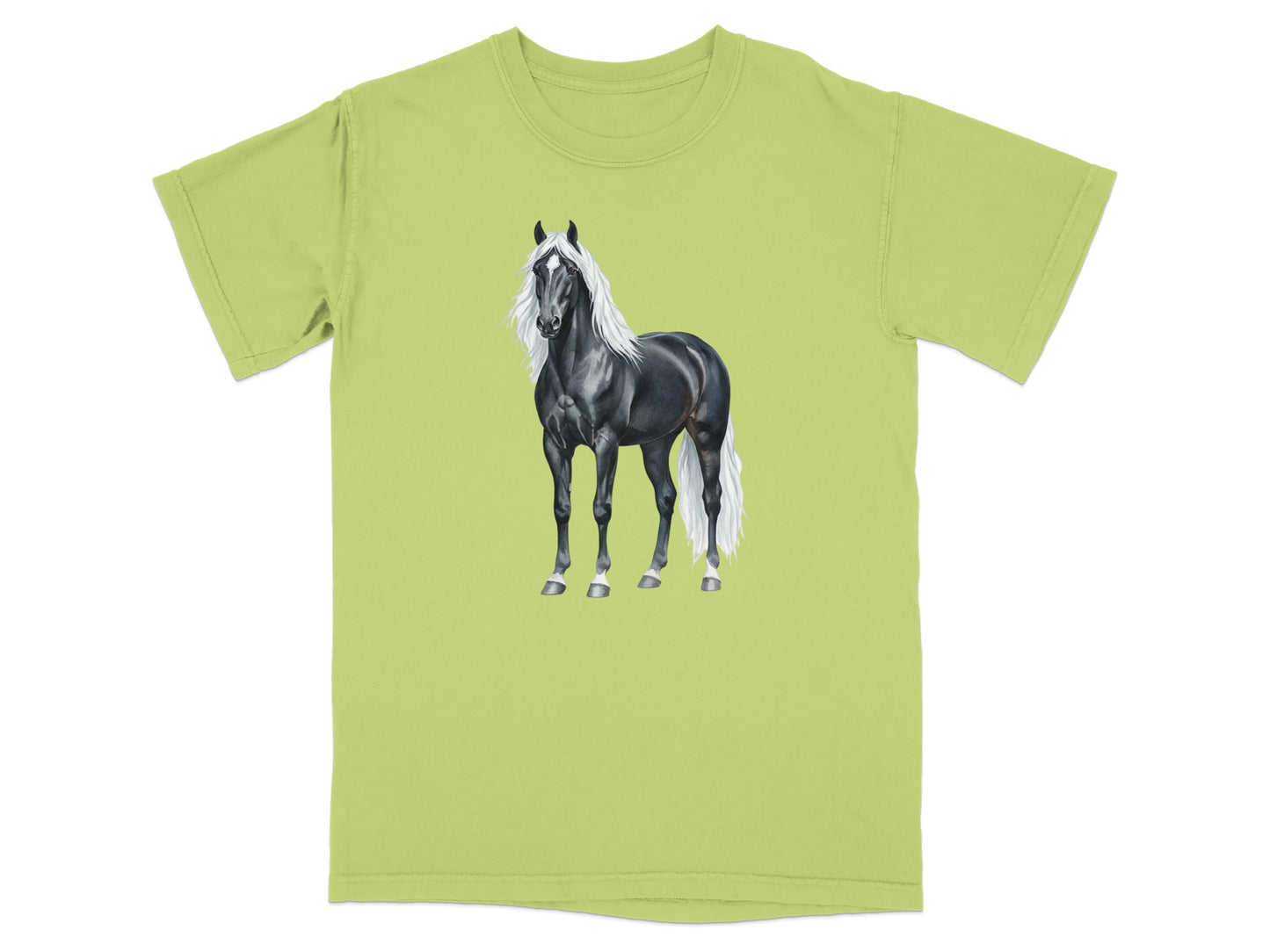 T-shirt with a black horse and white mane graphic.